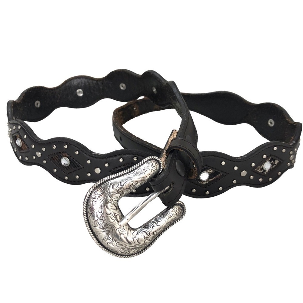 Y2K Leather Western Boho Belt Studs Sz L Animal Print Jewel Embellished Grommet